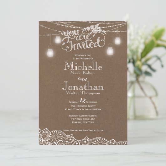 Mason Jars Lights Lace Rustieke bruiloft uitnodigi Kaart (Staand voorkant)