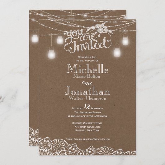 Mason Jars Lights Lace Rustieke bruiloft uitnodigi Kaart (Voorkant / Achterkant)