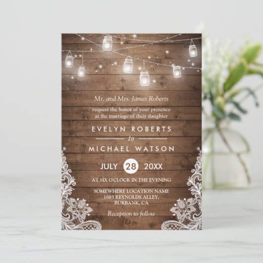 Mason Jars Lights Lace Wedding Kaart (Staand voorkant)
