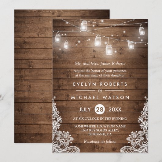 Mason Jars Lights Lace Wedding Kaart (Voorkant / Achterkant)