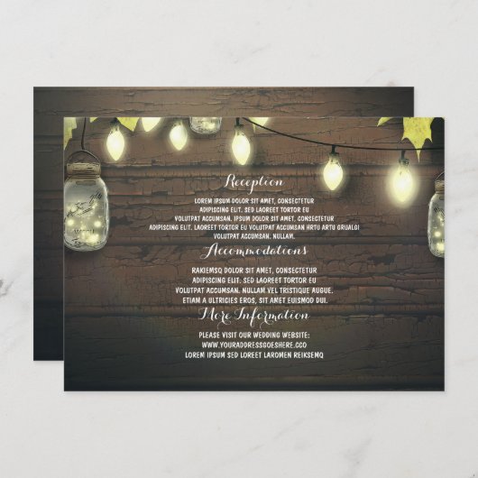 Mason Jars Lights Val Bruiloft Gast Informatie Informatiekaartje (Voorkant / Achterkant)