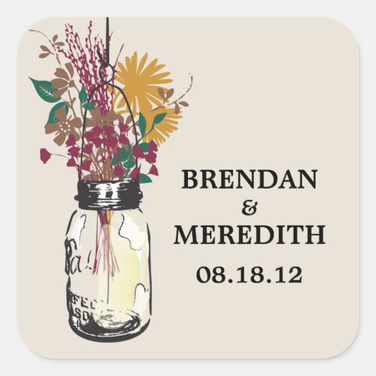 Mason Jars met Herfst Wildbloemen Vierkante Sticker (Voorkant)