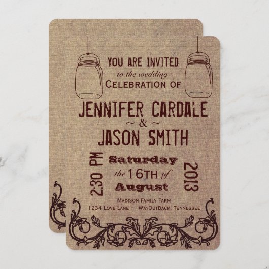 Mason Jars Rustic Country Wedding Invitations Kaart (Voorkant / Achterkant)
