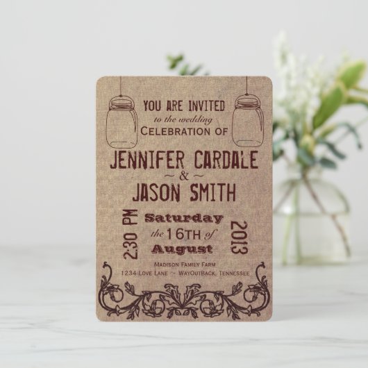 Mason Jars Rustic Country Wedding Invitations Kaart (Staand voorkant)