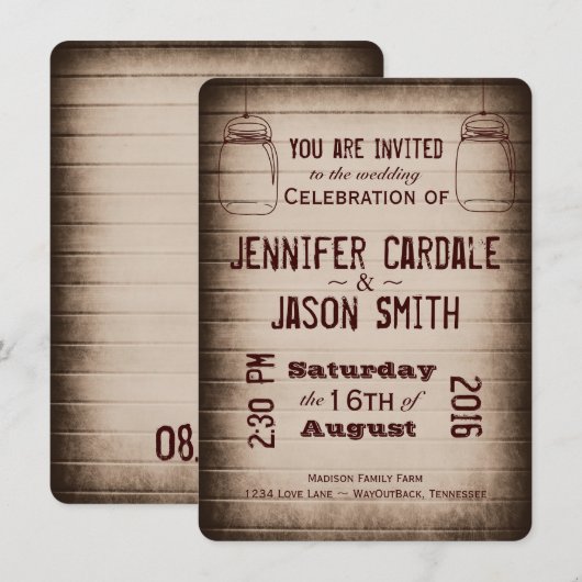 Mason Jars Rustic Country Wood Wedding Invitations Kaart (Voorkant / Achterkant)