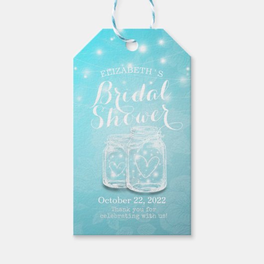 Mason Jars Slingerlichten Blauwe Bloem Bruidsfeest Cadeaulabel (Voorkant)