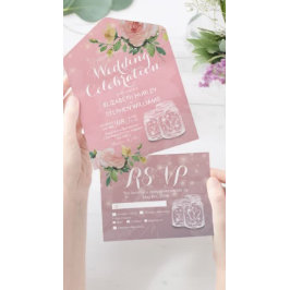 Mason Jars String Licht Pink Flowers Wedding RSVP All In One Uitnodiging