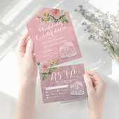 Mason Jars String Licht Pink Flowers Wedding RSVP All In One Uitnodiging