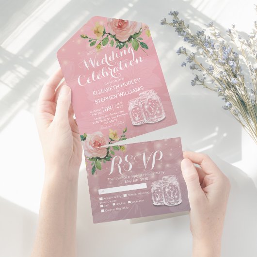Mason Jars String Licht Pink Flowers Wedding RSVP All In One Uitnodiging
