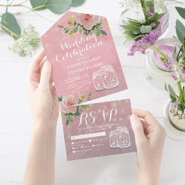 Mason Jars String Licht Pink Flowers Wedding RSVP All In One Uitnodiging