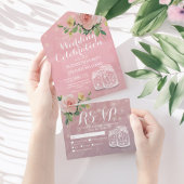 Mason Jars String Licht Pink Flowers Wedding RSVP All In One Uitnodiging