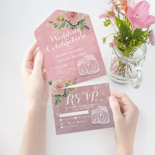 Mason Jars String Licht Pink Flowers Wedding RSVP All In One Uitnodiging