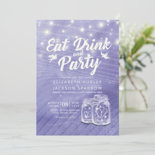 Mason Jars String Lights EAT Drink Party Kaart (Staand voorkant)