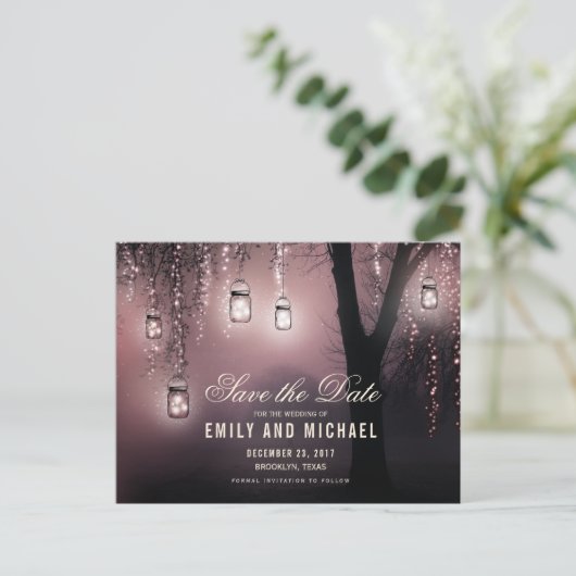 Mason Jars String Lights Elegant bewaar de datum Aankondigingskaart (Staand voorkant)