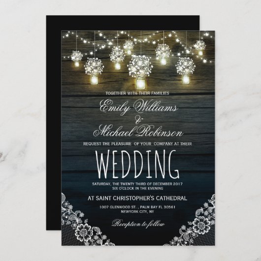 Mason Jars String Lights Elegant Rustic Wedding Kaart (Voorkant / Achterkant)