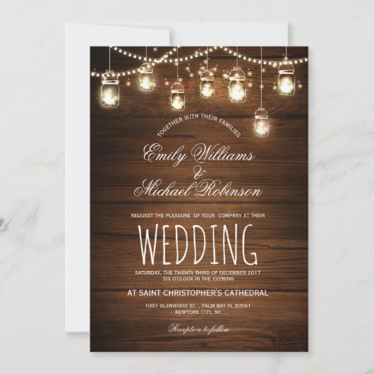 Mason Jars String Lights Elegant Rustic Wedding Kaart (Voorkant)