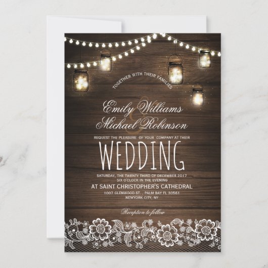 Mason Jars String Lights Elegant Rustic Wedding Kaart (Voorkant)