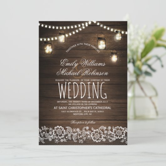 Mason Jars String Lights Elegant Rustic Wedding Kaart (Staand voorkant)
