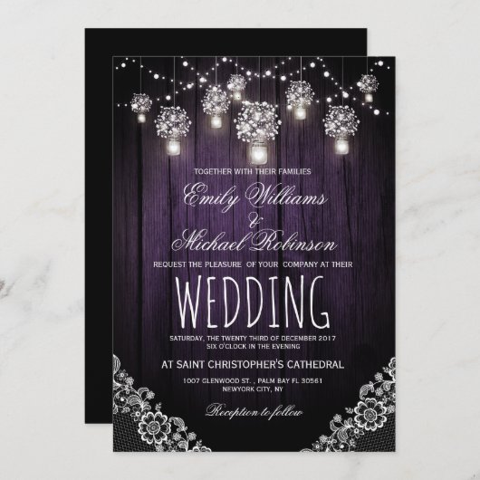 Mason Jars String Lights Elegant Rustic Wedding Kaart (Voorkant / Achterkant)