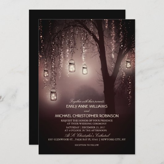 Mason Jars String Lights Elegant Rustic Wedding Kaart (Voorkant / Achterkant)