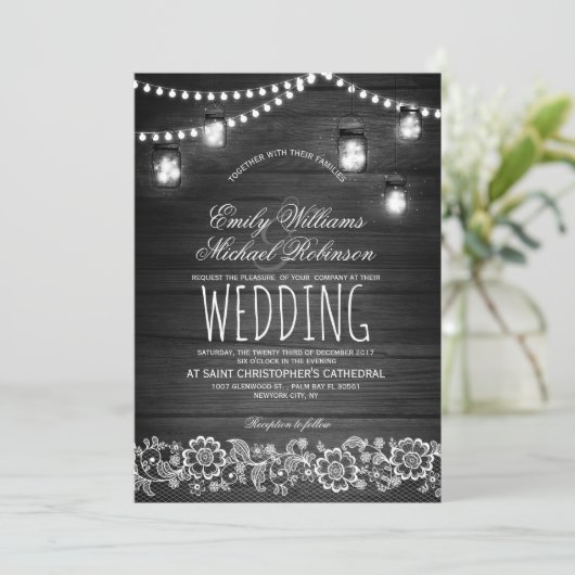 Mason Jars String Lights Elegant Rustic Wedding Kaart (Staand voorkant)