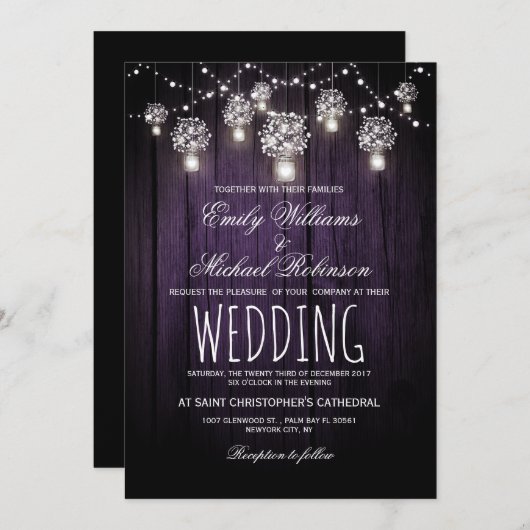 Mason Jars String Lights Elegant Rustic Wedding Kaart (Voorkant / Achterkant)