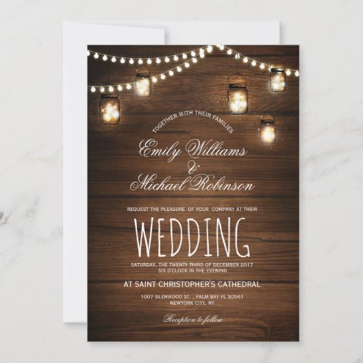 Mason Jars String Lights Elegant Rustic Wedding Kaart (Voorkant)