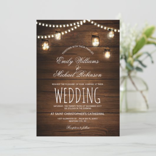 Mason Jars String Lights Elegant Rustic Wedding Kaart (Staand voorkant)