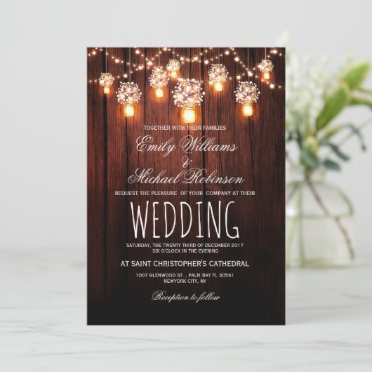 Mason Jars String Lights Elegant Rustic Wedding Kaart (Staand voorkant)