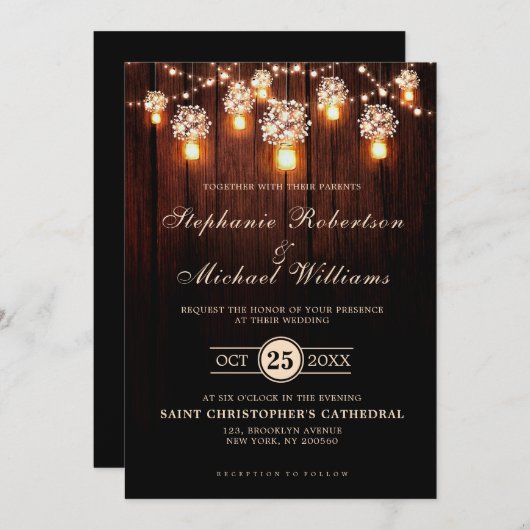 Mason Jars String Lights Elegant Rustic Wedding Kaart (Voorkant / Achterkant)