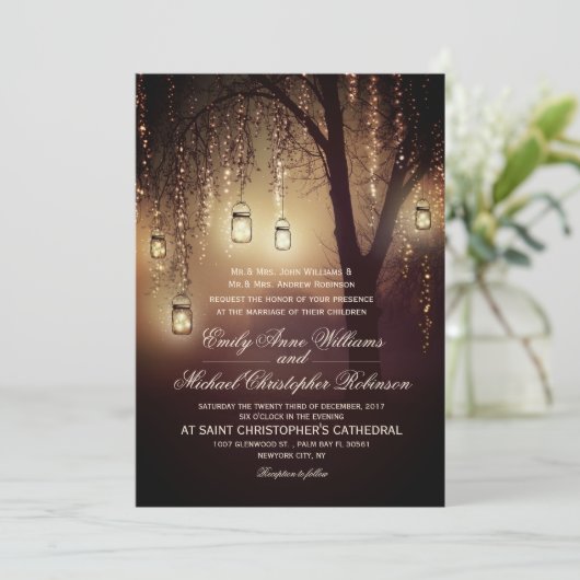 Mason Jars String Lights Elegant Rustic Wedding Kaart (Staand voorkant)