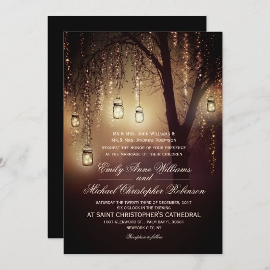 Mason Jars String Lights Elegant Rustic Wedding Kaart (Voorkant / Achterkant)