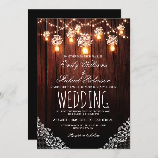 Mason Jars String Lights Elegant Rustic Wedding Kaart (Voorkant / Achterkant)