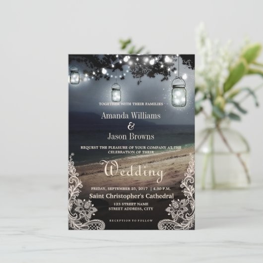 Mason Jars String Lights Elegant Strand Wedding Kaart (Staand voorkant)