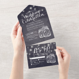 Mason Jars String Lights Navy Blue Flowers Wedding All In One Uitnodiging