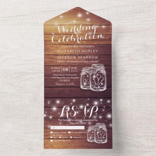Mason Jars String Lights Rustic Wood Wedding RSVP All In One Uitnodiging (Binnen)