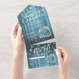 Mason Jars String Lights Rustic Wood Wedding RSVP All In One Uitnodiging
