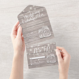 Mason Jars String Lights Rustic Wood Wedding RSVP All In One Uitnodiging