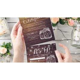 Mason Jars String Lights Rustic Wood Wedding RSVP All In One Uitnodiging