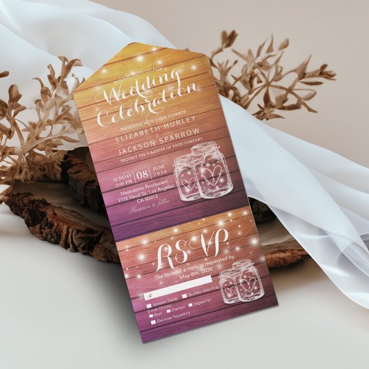Mason Jars String Lights Rustic Wood Wedding RSVP All In One Uitnodiging