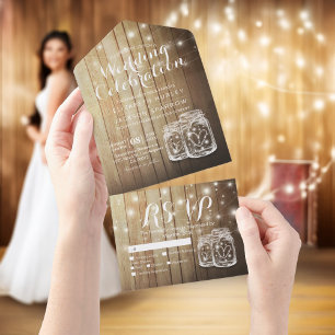 Mason Jars String Lights Rustic Wood Wedding RSVP All In One Uitnodiging