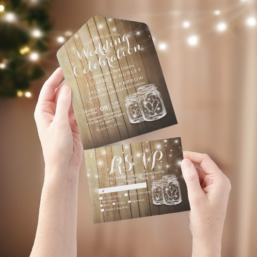 Mason Jars String Lights Rustic Wood Wedding RSVP All In One Uitnodiging