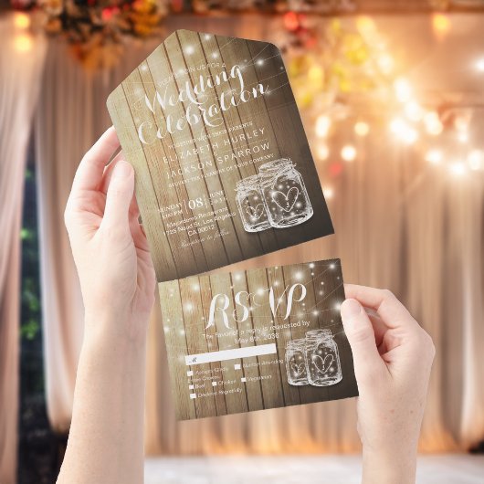 Mason Jars String Lights Rustic Wood Wedding RSVP All In One Uitnodiging