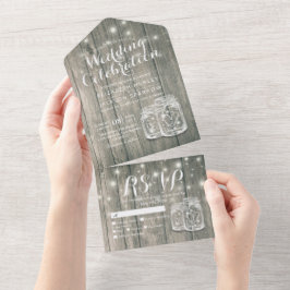 Mason Jars String Lights Rustic Wood Wedding RSVP All In One Uitnodiging