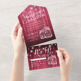Mason Jars String Lights Rustic Wood Wedding RSVP All In One Uitnodiging