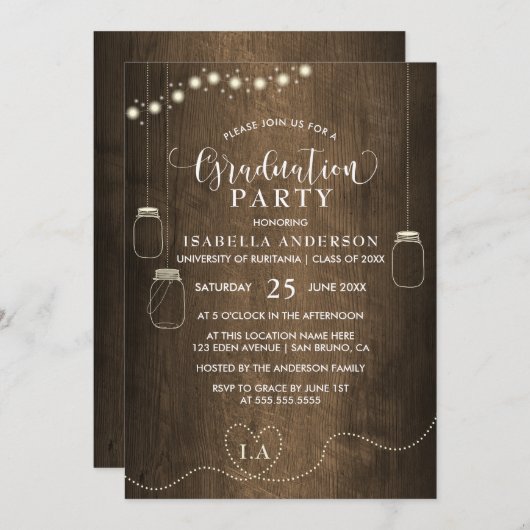 Mason Jars String Lights Rustiek Hout Afstuderen Kaart (Voorkant / Achterkant)