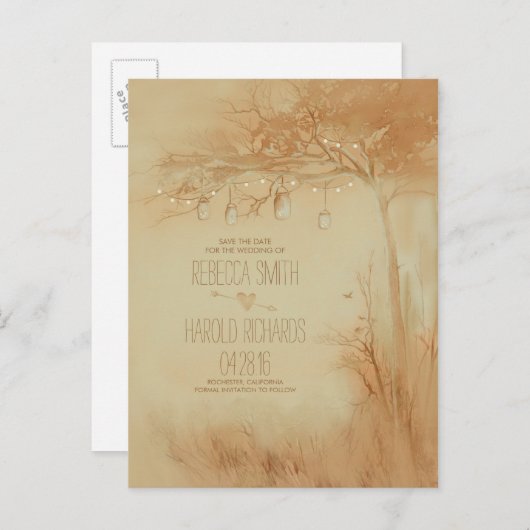 Mason Jars String Lights Tree Rustic Save the Date Aankondigingskaart (Voorkant / Achterkant)