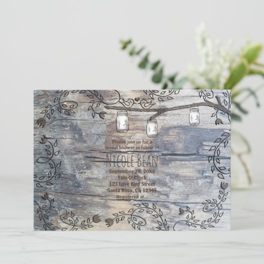 Mason Jars & Tortelduifjes Rustic Branch Uitnodigi Kaart (Staand voorkant)