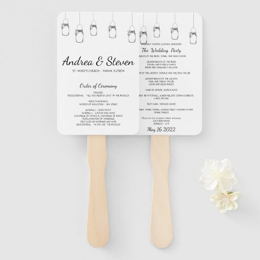 Mason Jars trouwprogramma fan. Menu Geschorste pot Handwaaier (Voorkant en achterkant)