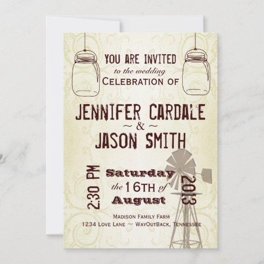 Mason Jars Windmill Country Wedding Invitations Kaart (Voorkant)